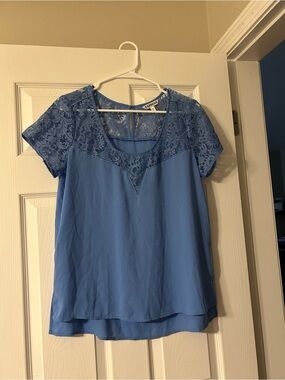 Express Blue Lace Yoke Short Sleeve Blouse